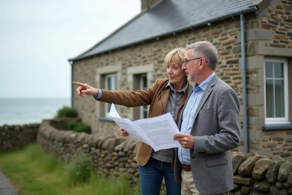 Couple évaluant l'achat d'une maison en pierre normande proche du littoral avec documents immobiliers