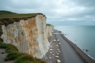 Falaise de craie normande en érosion au bord de mer avec roches effondrées sur la plage