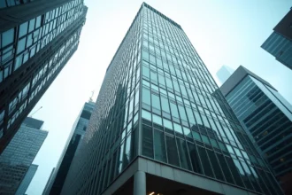 Vue en contre-plongée d'un gratte-ciel moderne en verre et acier dans un centre-ville, illustrant la hauteur et les normes de construction des tours contemporaines