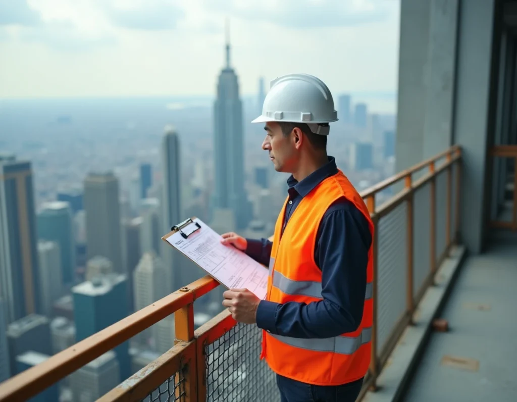 Ingénieur en structure sur la plateforme d'observation d'un gratte-ciel en construction, consultant des plans de sécurité avec la skyline urbaine en arrière-plan