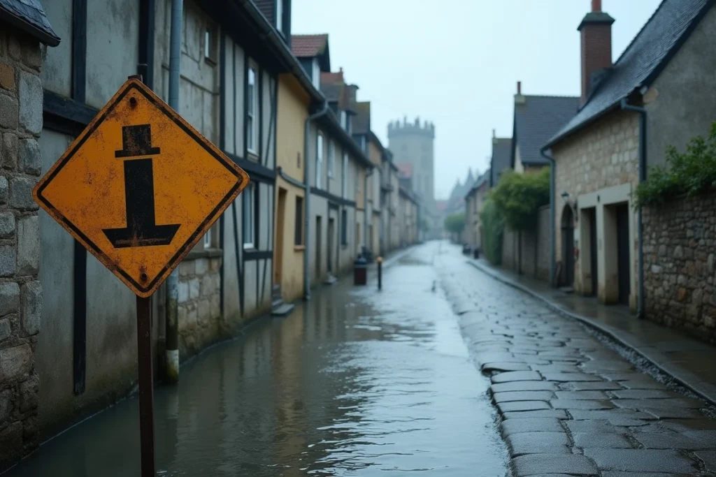 Rue inondée d'un village normand côtier après une submersion marine avec panneau de risque visible