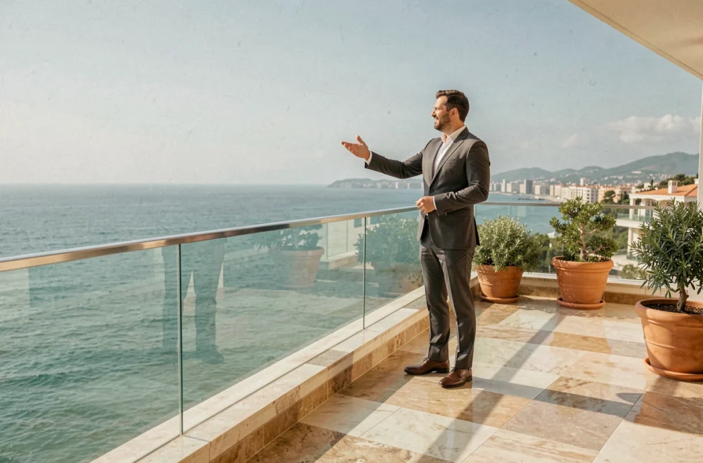 Agent immobilier présentant un appartement avec vue sur mer lors d'une visite investisseur