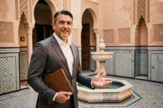 Agent immobilier marocain en costume devant un riad traditionnel à Marrakech avec carrelage zellige et fontaine centrale