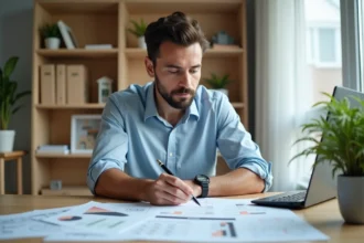Homme analysant les frais de notaire pour une opération marchand de bien à son bureau avec des documents immobiliers