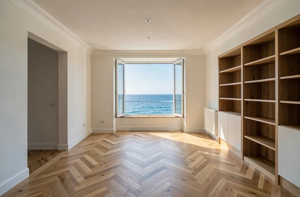 Appartement vue sur mer rénové vide avec parquet et grande fenêtre pour investissement locatif