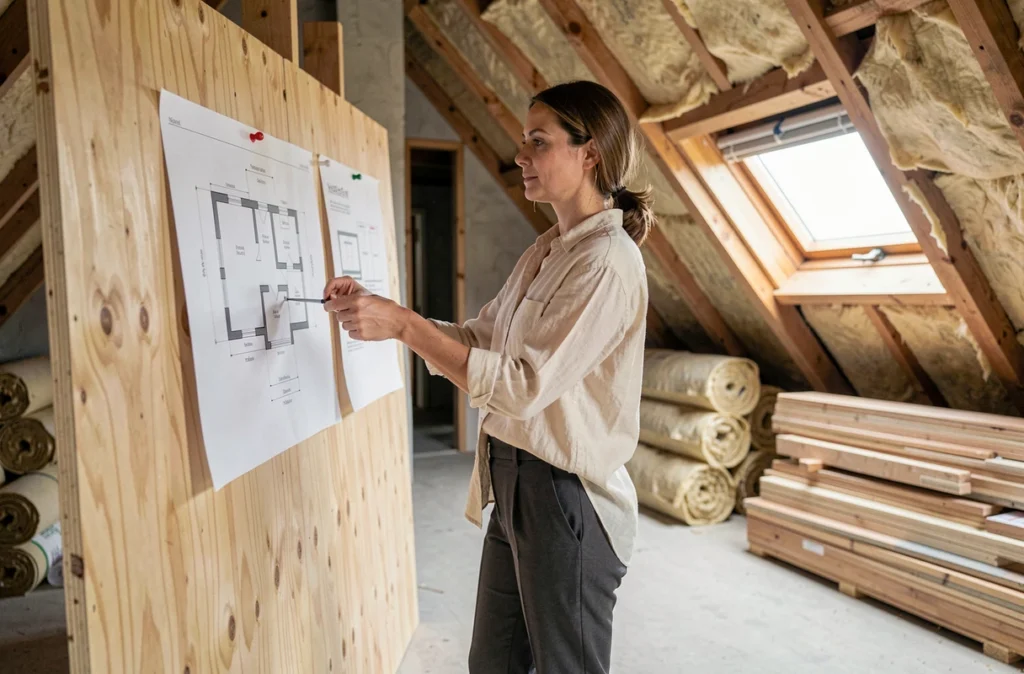 Architecte d'intérieur étudiant des plans dans un grenier en cours de rénovation avec chevrons apparents