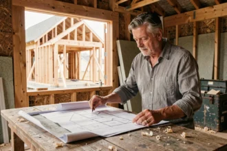Architecte examinant les plans d'une maison ossature bois en construction sur chantier