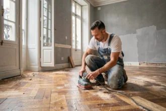 Artisan en train de poncer un parquet en chêne abîmé dans un appartement haussmannien en cours de rénovation
