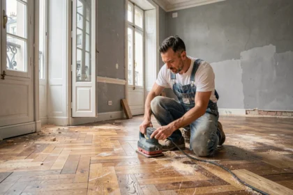 Artisan en train de poncer un parquet en chêne abîmé dans un appartement haussmannien en cours de rénovation