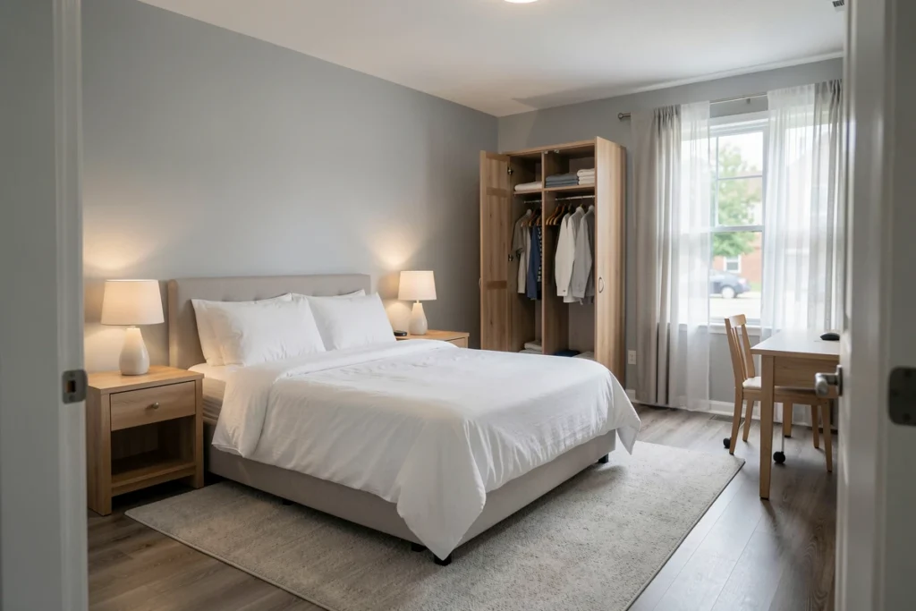 Chambre meublée d'une location avec lit, armoire, tables de chevet et bureau bien équipés