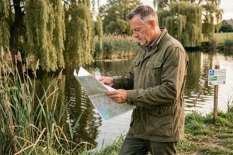 Chasseur examinant un plan cadastral au bord d'un étang rural à vendre entre particuliers