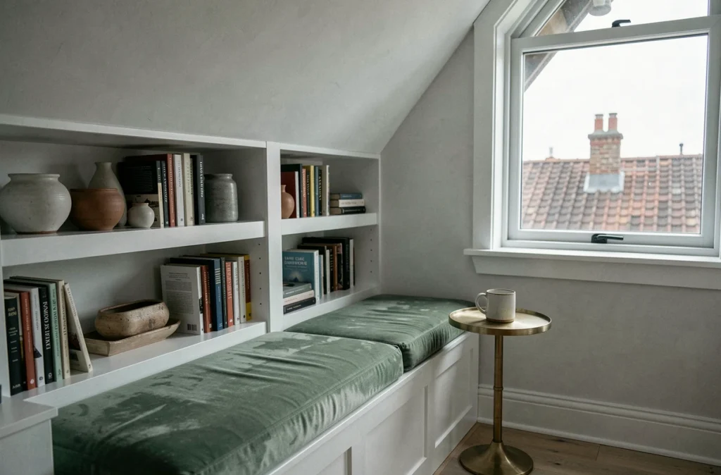 Coin lecture aménagé sous les combles avec banquette en velvet sauge, étagères blanches et fenêtre à tabatière