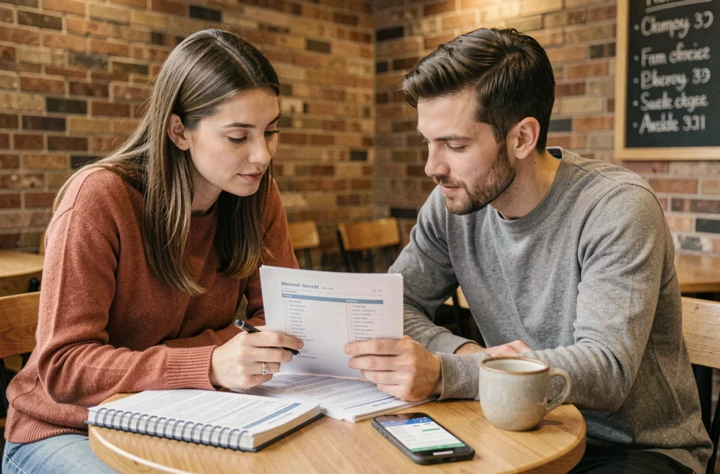Deux collègues en train de collaborer sur un plan de projet autour d'une table de café avec des documents imprimés