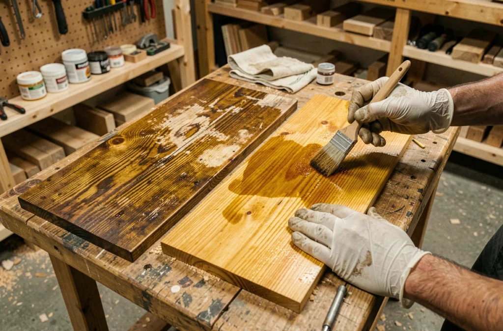 Comparaison avant-après d'une lame de parquet abîmée et d'une lame restaurée avec une teinte bois appliquée à la main