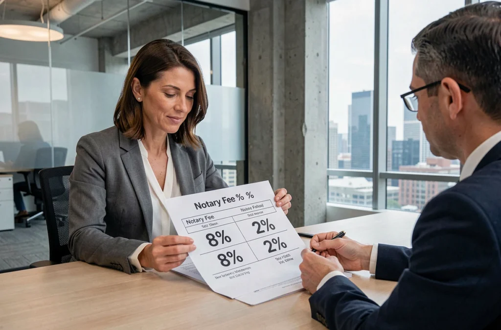 Investisseur immobilière et conseiller financier comparant les frais de notaire 8% et 2% sur un tableau imprimé en réunion