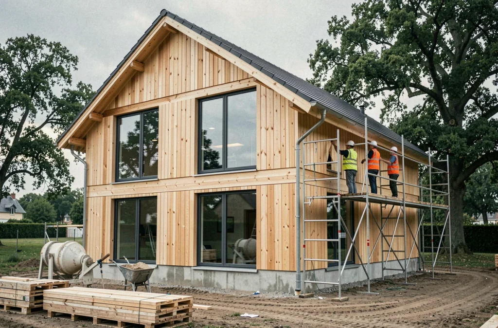 Chantier de construction d'une maison ossature bois avec ouvriers et façade en panneaux de bois