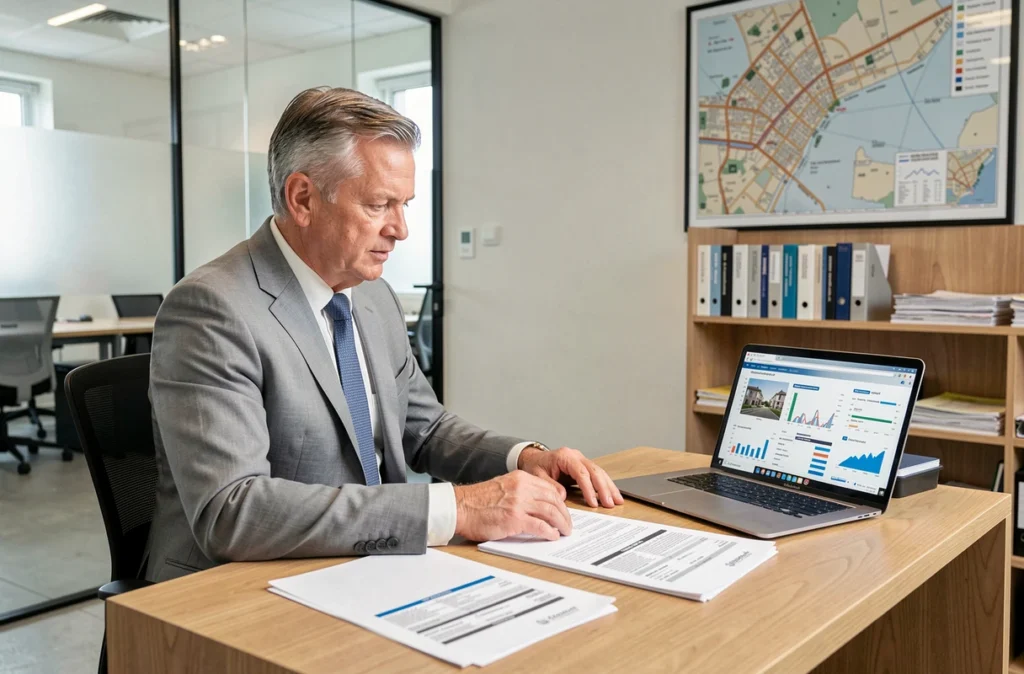 Consultant immobilier senior analysant des rapports d'estimation de biens dans un bureau professionnel moderne avec des données comparatives sur écran