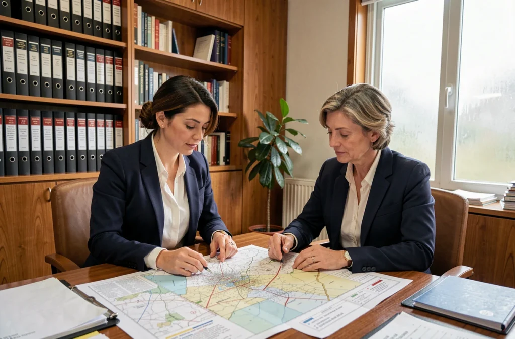 Femme consultant un notaire autour d'un plan cadastral pour transformer un terrain donné en capital patrimonial