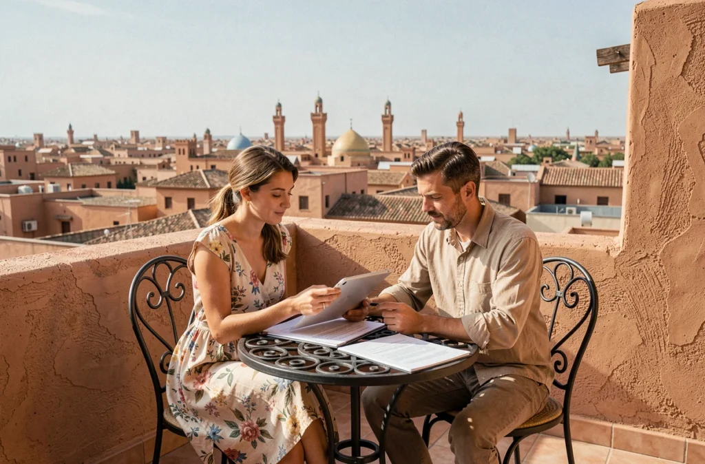Couple examinant des documents immobiliers sur une terrasse avec vue panoramique sur les toits de la médina de Marrakech