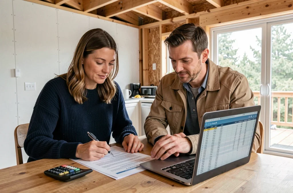 Couple étudiant le budget et le devis de construction d'une maison ossature bois à domicile