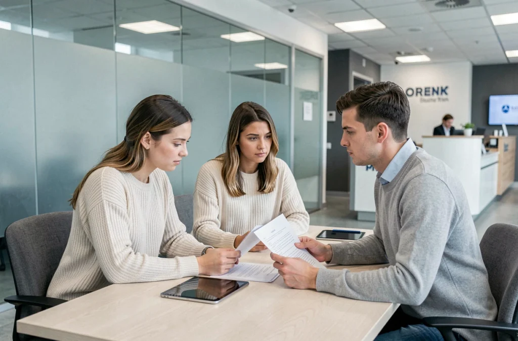 Couple discutant d'une caution bancaire avec un conseiller dans une agence moderne