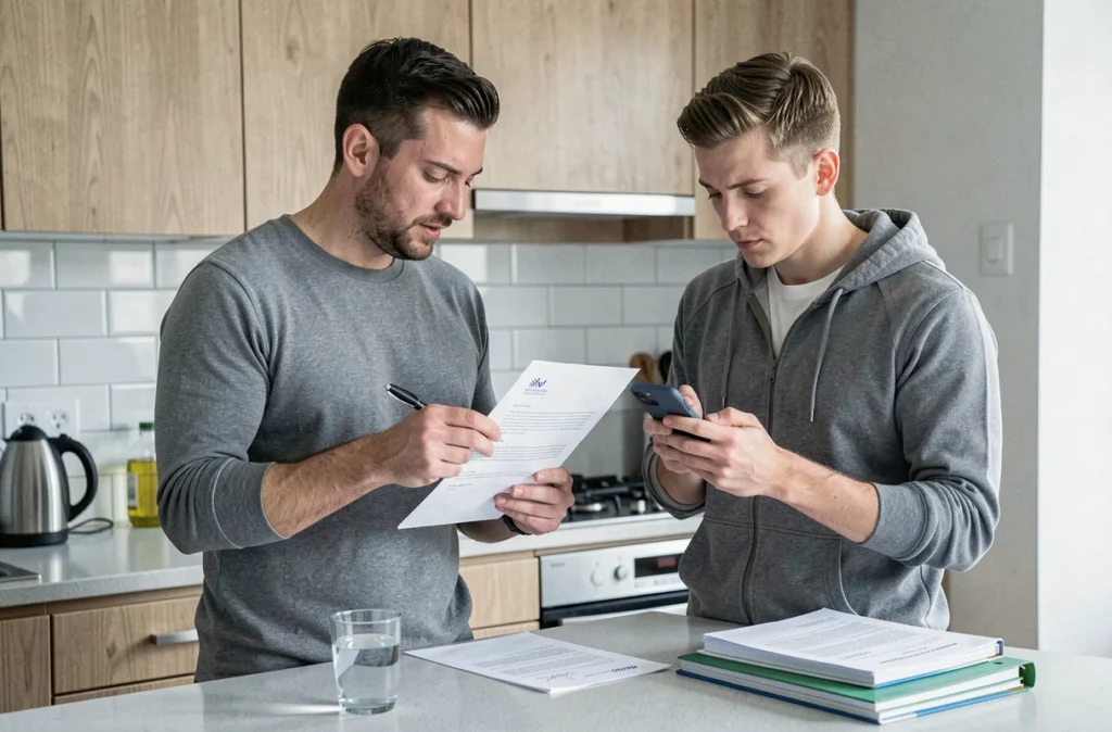 Couple comparant des courriers administratifs dans leur cuisine avant un changement de logement