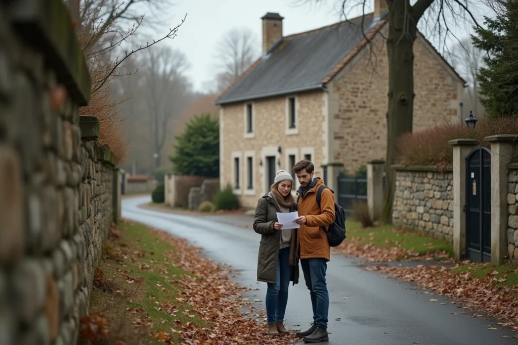 Couple de marchands de bien évaluant les frais notariaux devant une maison ancienne à vendre en France