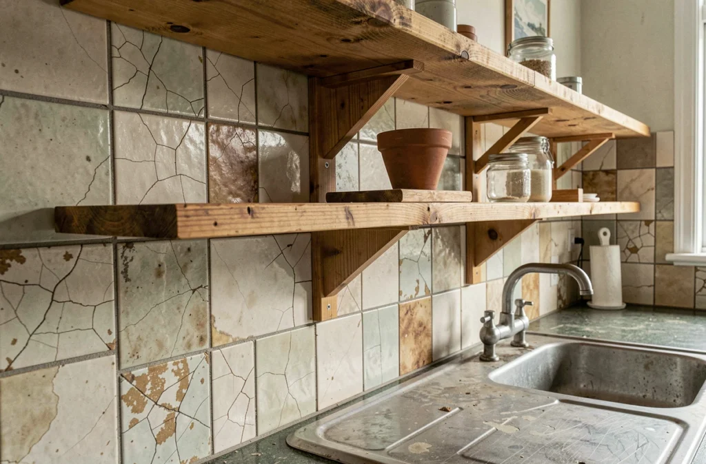 Nouvelle étagère en bois installée dans une cuisine ancienne pour la moderniser sans rénovation lourde