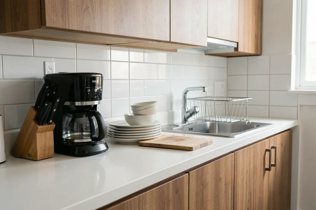 Cuisine équipée d'un appartement meublé en location avec vaisselle, cafetière et ustensiles essentiels