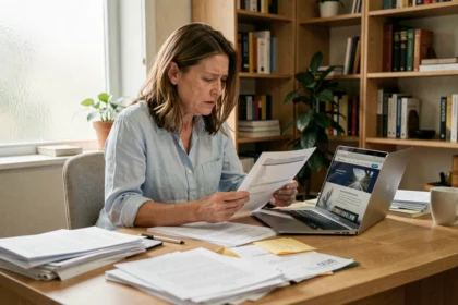 Femme effectuant des démarches administratives avant un déménagement, entourée de documents officiels et d'un ordinateur portable