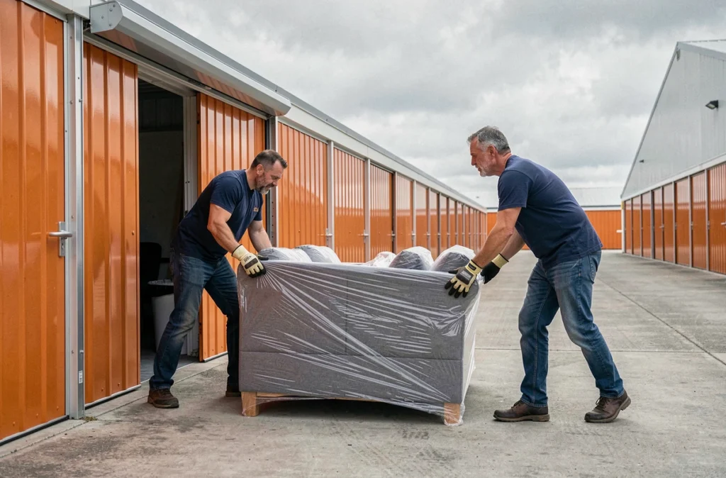 Deux déménageurs transportant un canapé emballé dans un couloir de garde-meuble extérieur