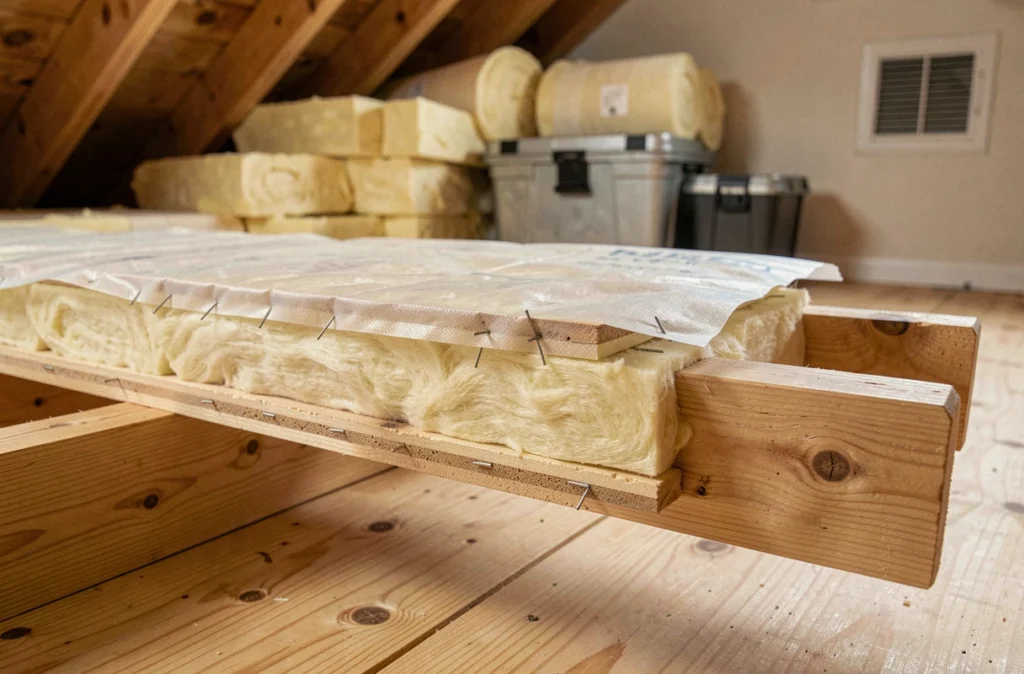 Gros plan sur la coupe transversale d'un assemblage d'isolation en laine de verre entre solives de combles avec pare-vapeur