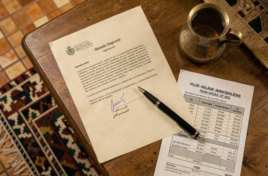 Documents de vente immobilière et calcul de plus-value posés sur un bureau à Marrakech, illustrant la fiscalité applicable lors de la cession d'une villa