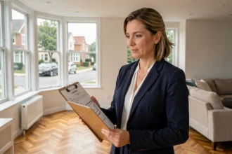 Experte immobilière en train d'évaluer un bien résidentiel moderne, tenant un dossier d'estimation dans un salon spacieux aux parquets clairs