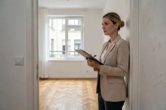 Femme tenant un dossier lors de l'état des lieux d'entrée dans un appartement vide