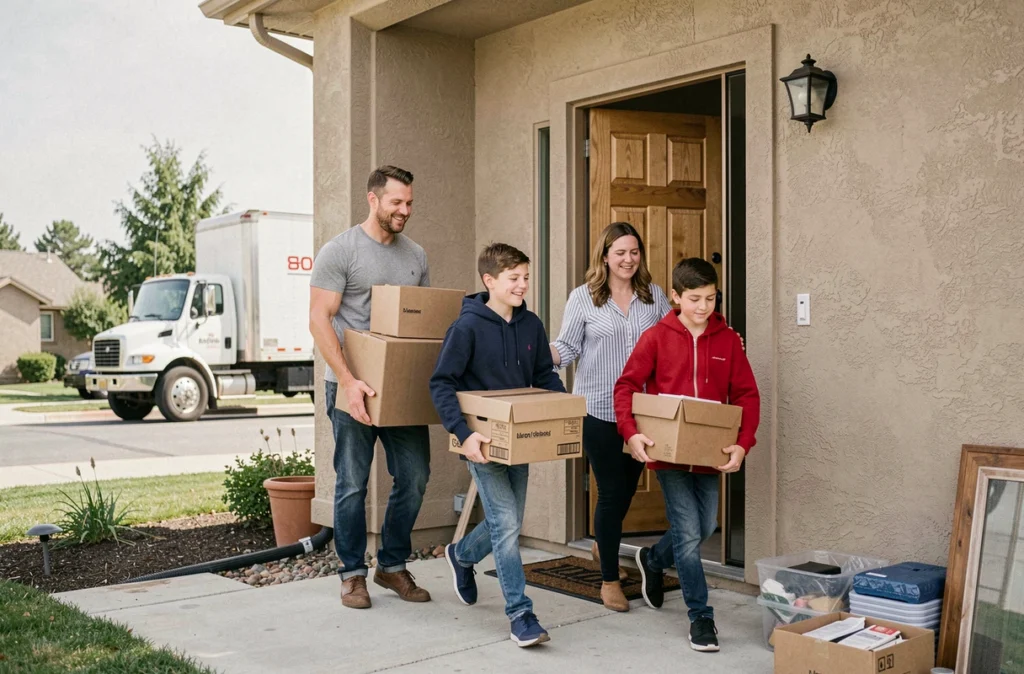 Famille déchargeant des cartons d'un camion de déménagement devant leur nouvelle maison