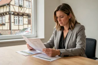 Femme analysant des annonces immobilières de location dans le Bas-Rhin à son bureau avec des documents imprimés