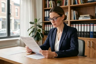 Femme professionnelle comparant des documents d'assurance loyer impayé à son bureau à domicile