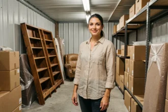 Femme organisant ses meubles dans un garde-meuble entre deux déménagements