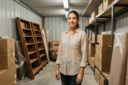 Femme organisant ses meubles dans un garde-meuble entre deux déménagements