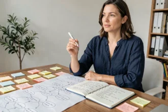 Femme en train de structurer son projet avec des notes et un carnet sur un bureau en bois dans un bureau à domicile moderne