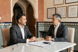 Conseiller fiscal et propriétaire discutant de la fiscalité et de la plus-value lors de la vente d'une villa à Marrakech dans un bureau notarial marocain