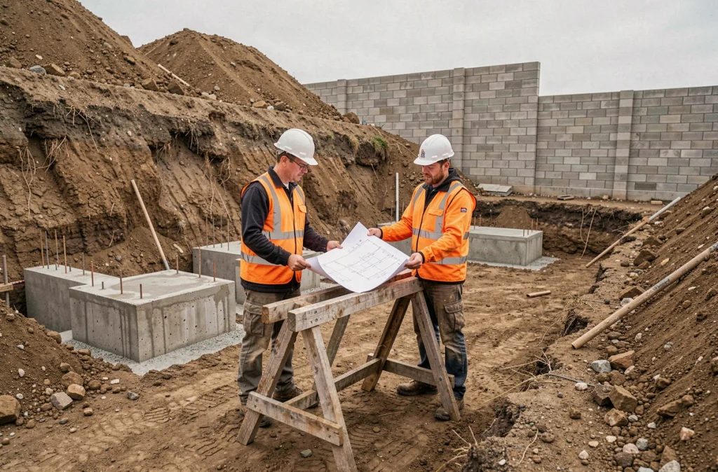 Ouvriers sur chantier de fondations spéciales adaptées à un terrain en forte pente avec semelles à niveaux différents