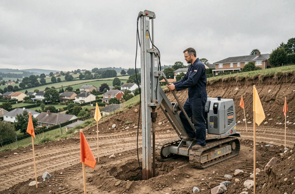 Machine de forage géotechnique réalisant une étude de sol sur un terrain en pente avant construction de fondations