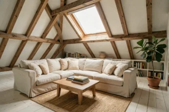 Grenier aménagé en salon lumineux avec poutres apparentes, canapé en lin ivoire et fenêtre de toit Velux