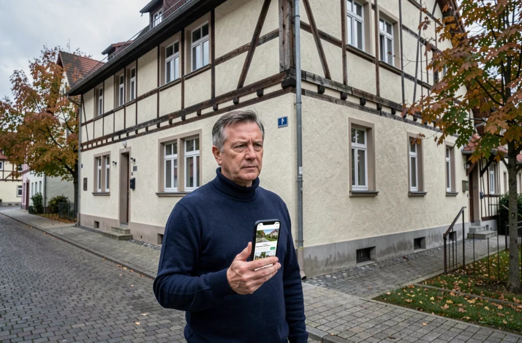 Homme consultant une annonce de location immobilière sur smartphone devant un immeuble alsacien typique du Bas-Rhin