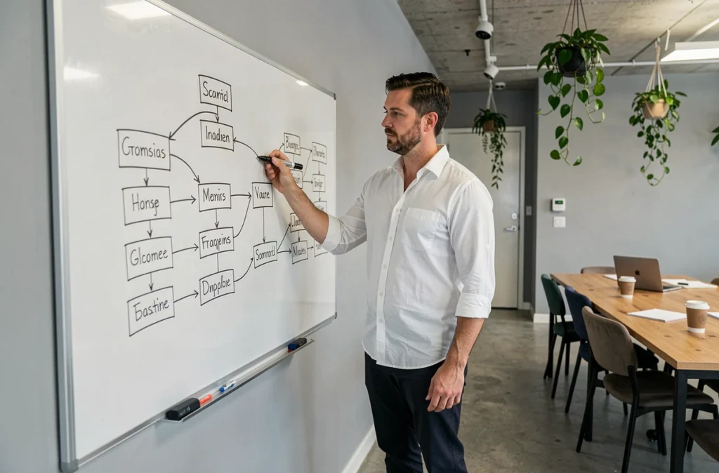 Homme dessinant un organigramme de projet sur un tableau blanc dans un espace de coworking