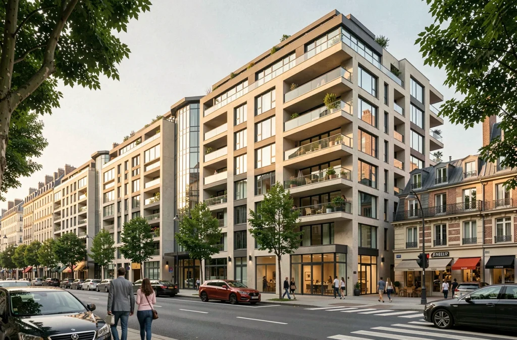 Immeuble mixte résidentiel et commercial représentant un projet immobilier Icade en milieu urbain français