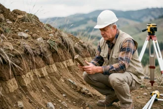 Ingénieur géotechnicien analysant un échantillon de sol sur un terrain en pente lors d'une étude de sol