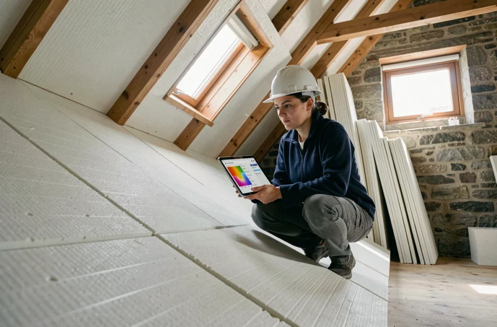 Architecte inspectant des panneaux isolants rigides posés sur les rampants d'un toit en rénovation de combles